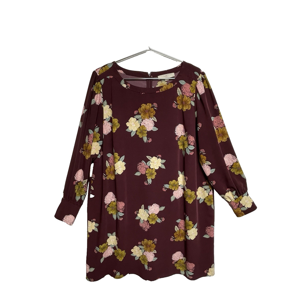 Loft Plus Women's Burgundy Floral Print Shift Long Sleeve Dress - Size 18